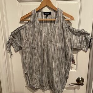 Karen Kane Linen Gray Striped Cold Shoulder Tie Sleeve Blouse XS NWT